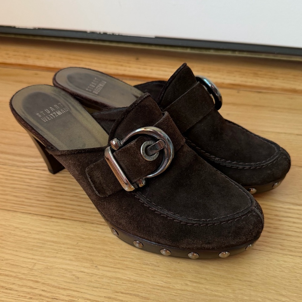 Stuart Weitzman Dark Brown Suede Heeled Mules Buckle Studs Clogs size 6 Y2K